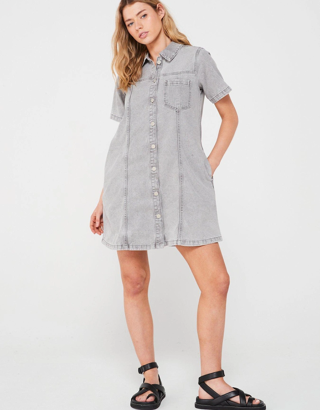 A Line Denim Dress - Grey Denim