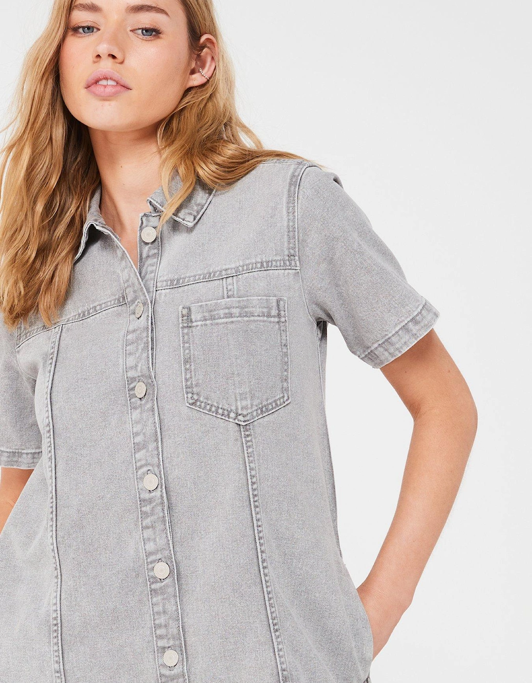 A Line Denim Dress - Grey Denim