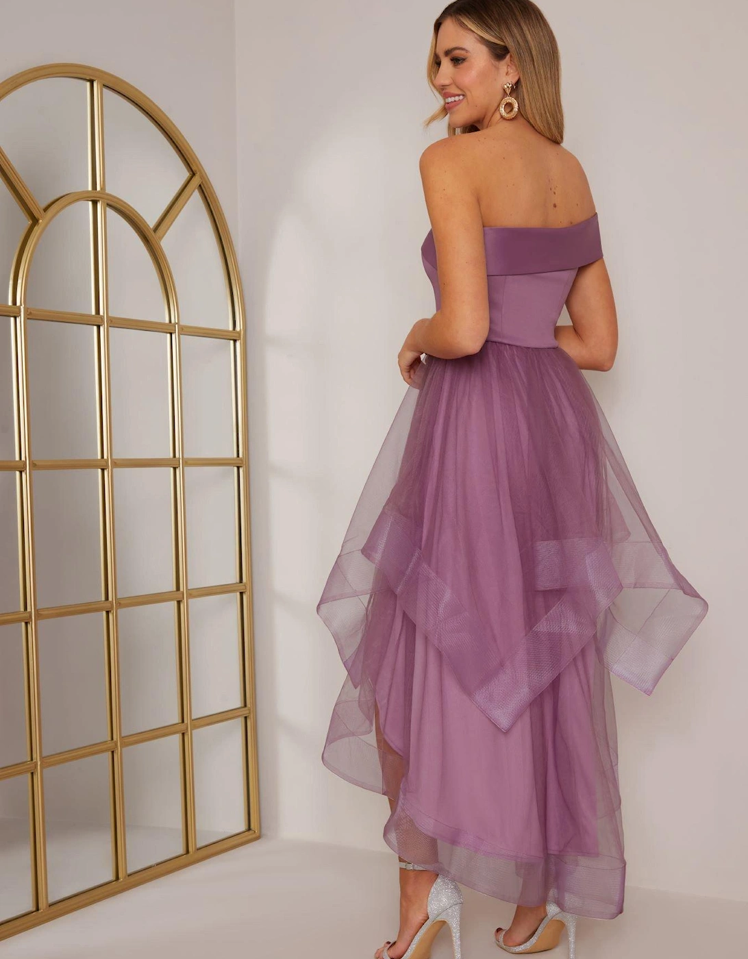 One Shoulder Mesh Skirt Dip Hem Dress - Purple