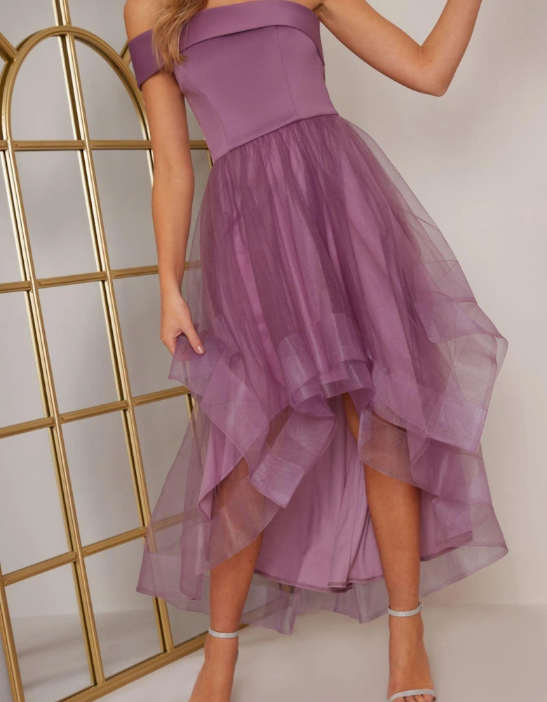 One Shoulder Mesh Skirt Dip Hem Dress - Purple