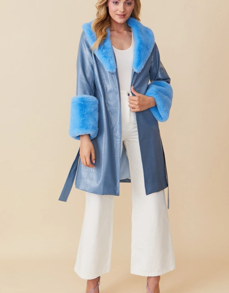 Blue Luxury Faux Leather Aubrey Coat With Detachable Faux Fur Cuffs & Collar