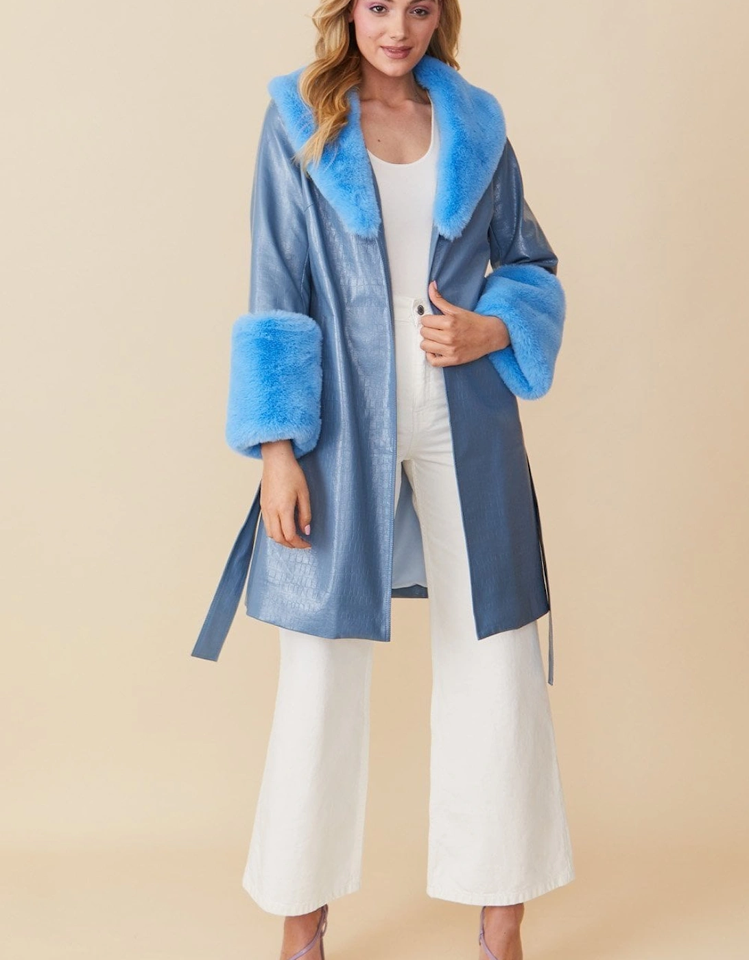 Blue Luxury Faux Leather Aubrey Coat With Detachable Faux Fur Cuffs & Collar, 4 of 3