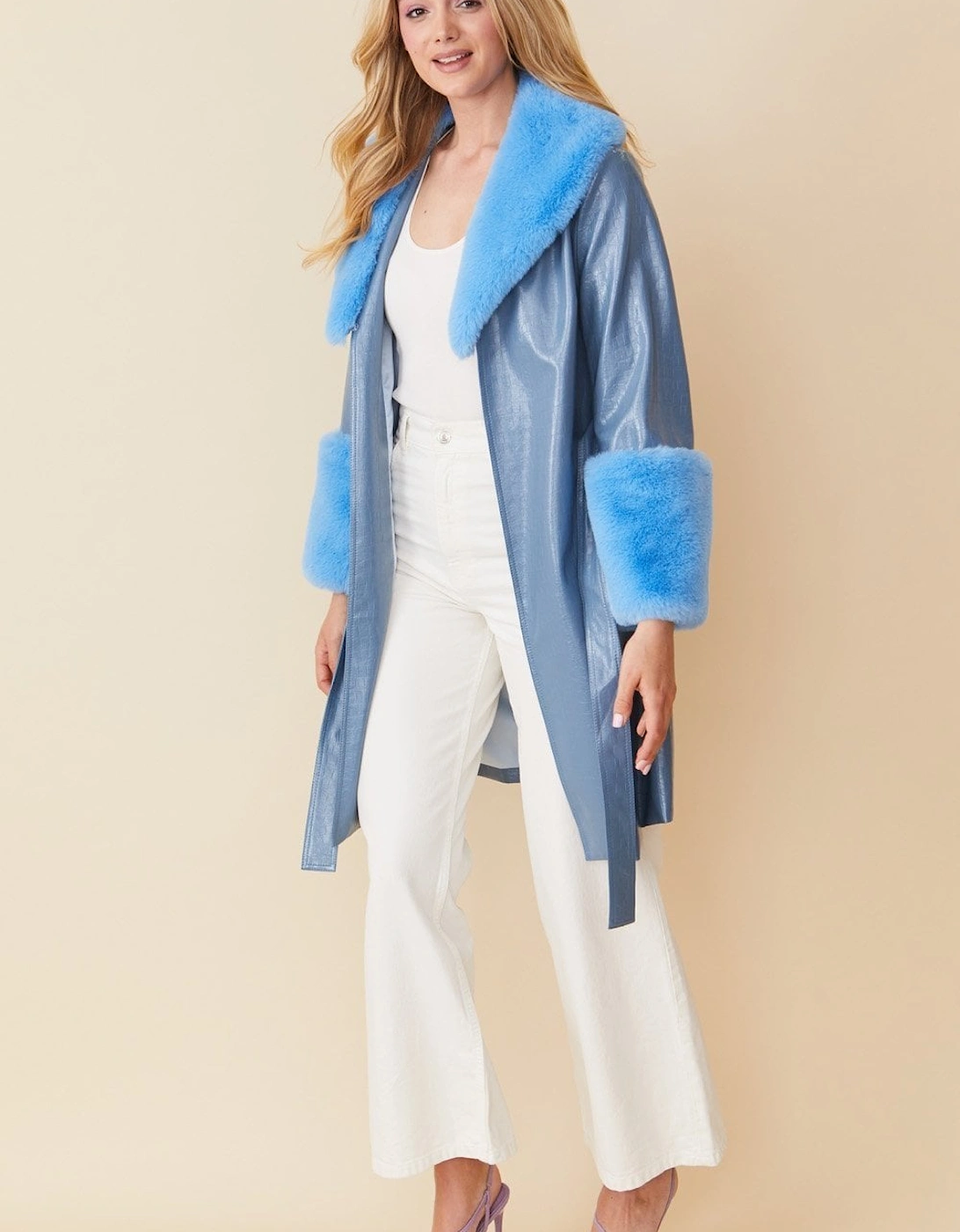 Blue Luxury Faux Leather Aubrey Coat With Detachable Faux Fur Cuffs & Collar