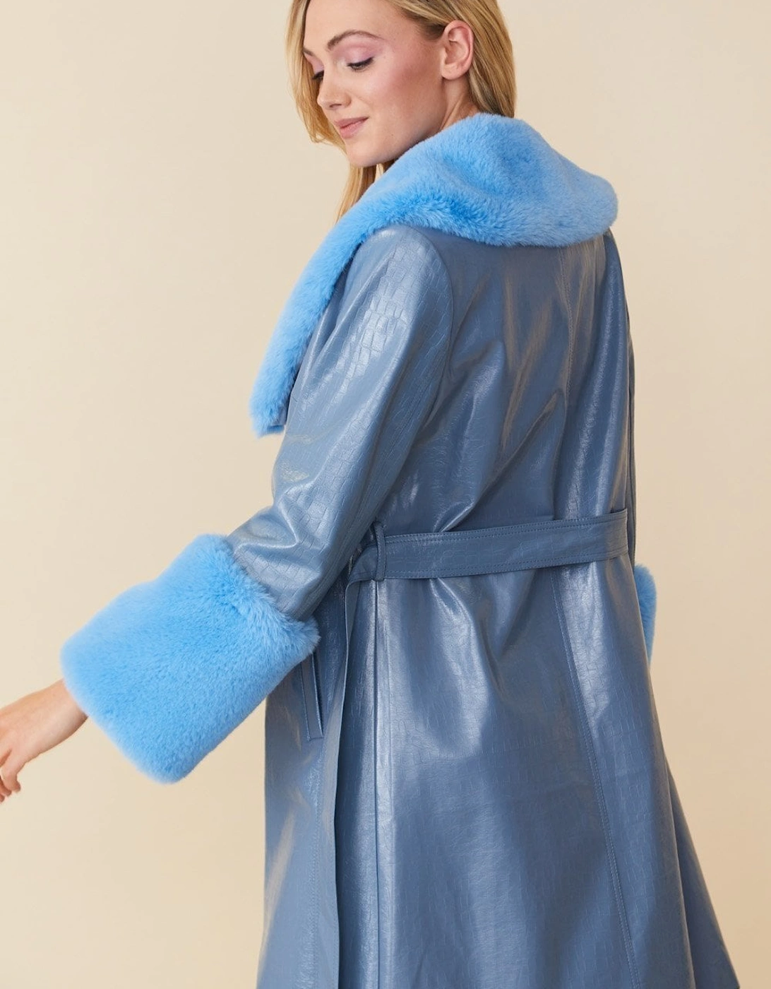 Blue Luxury Faux Leather Aubrey Coat With Detachable Faux Fur Cuffs & Collar