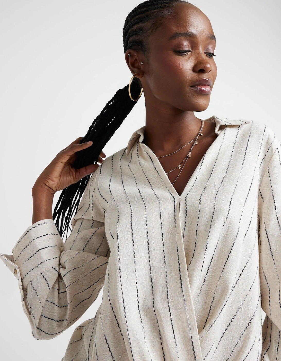 Linen Striped Blouse - Beige