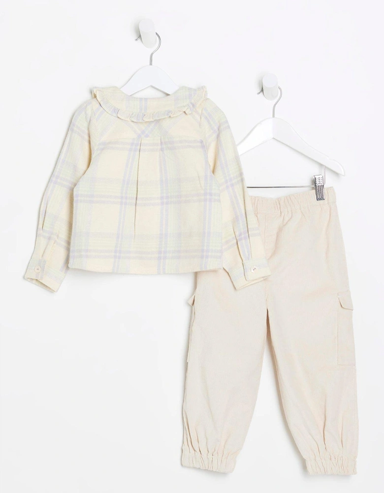 Mini Girls Check Blouse And Cargo Set - Green
