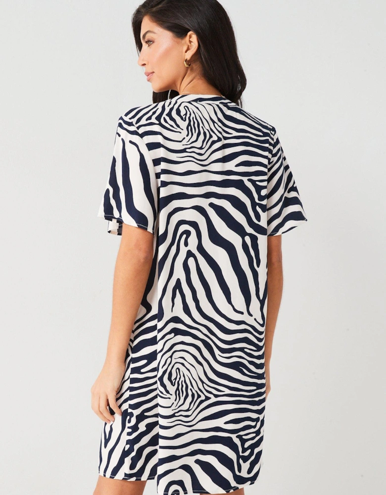 3/4 V Neck Zebra Print Mini Dress - Print