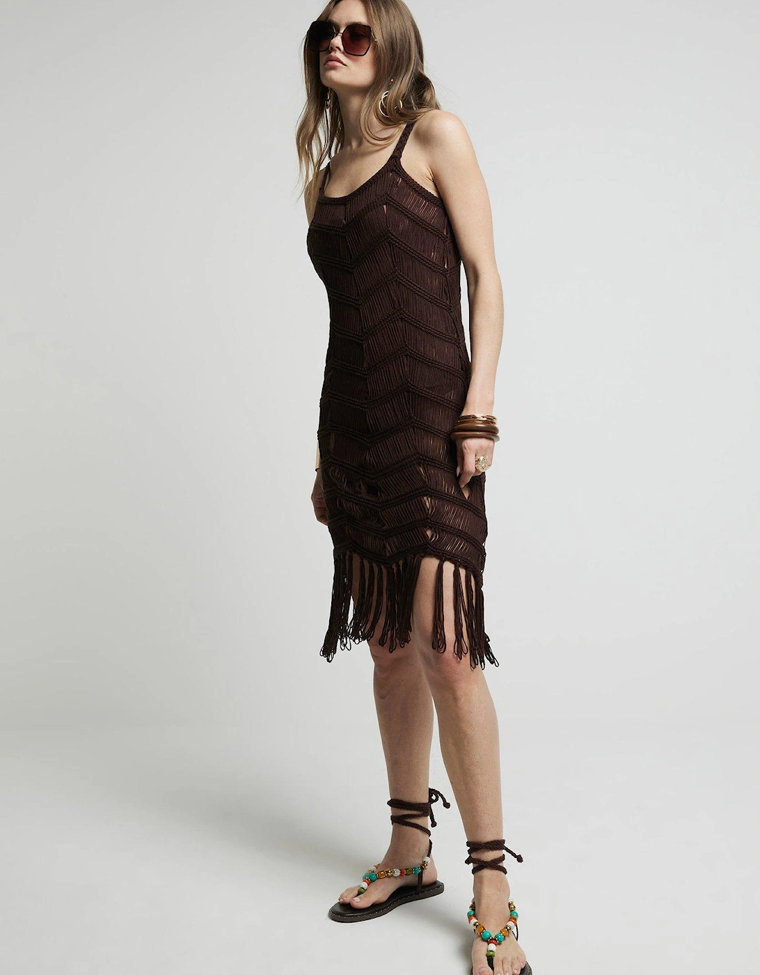 Fringe Detail Dress - Brown