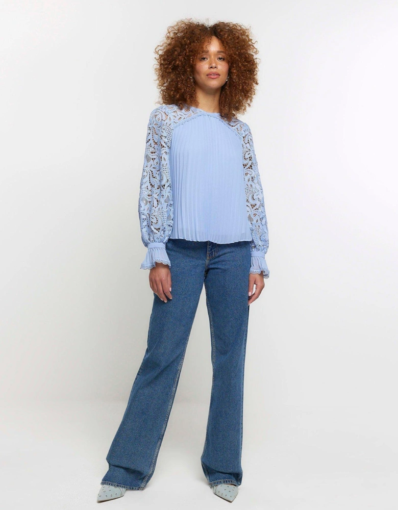 Lace Pleated Blouse - Light Blue