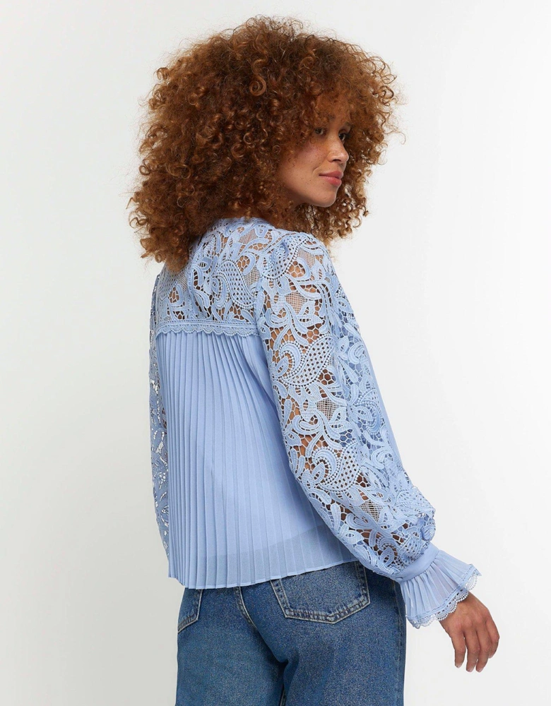 Lace Pleated Blouse - Light Blue