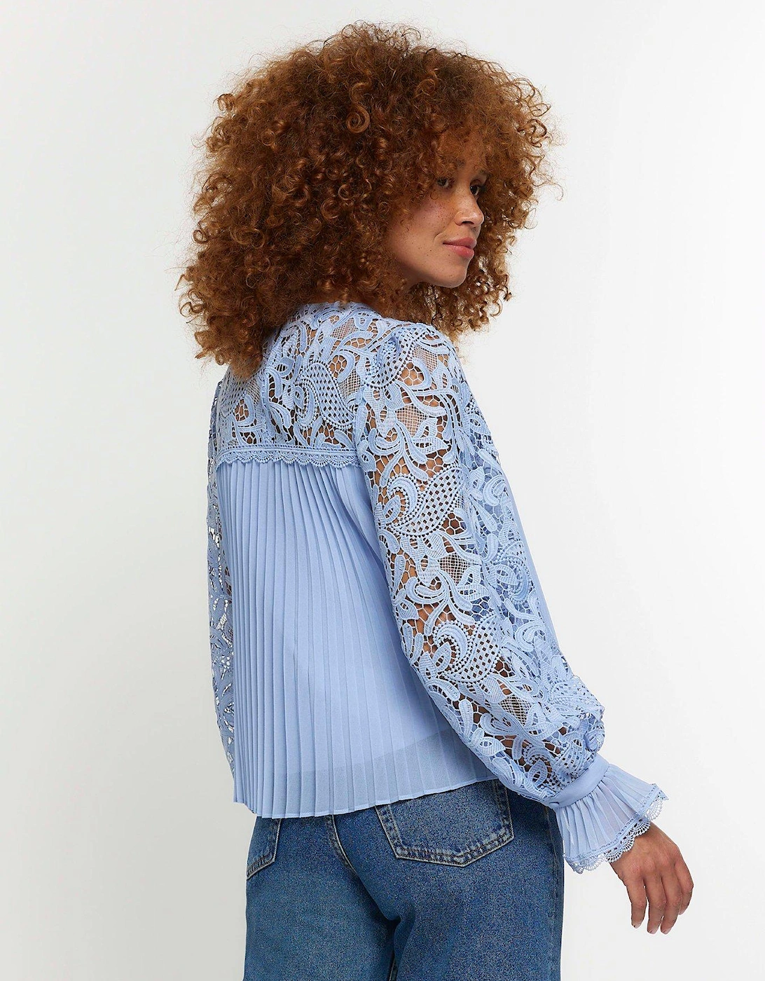 Lace Pleated Blouse - Light Blue