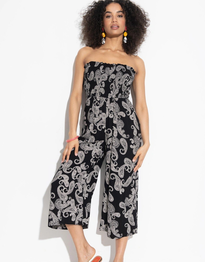 Strapless Shirred Bodice Crop Leg Beach Jumpsuit - Print