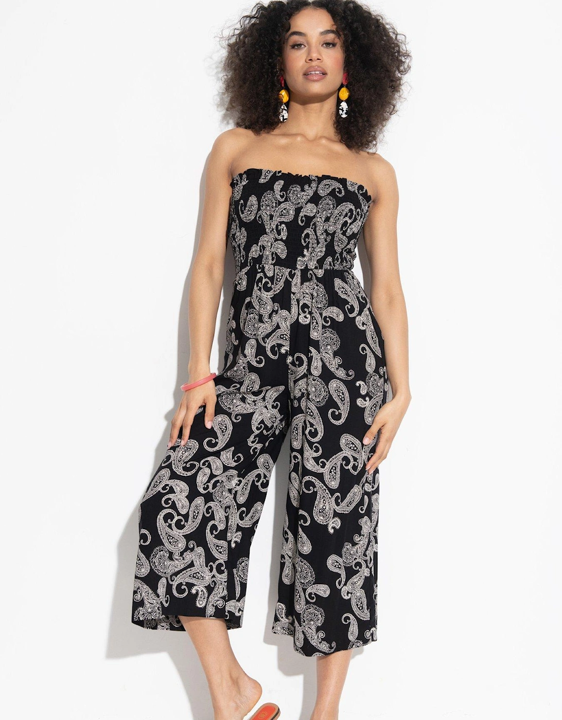 Strapless Shirred Bodice Crop Leg Beach Jumpsuit - Print, 2 of 1