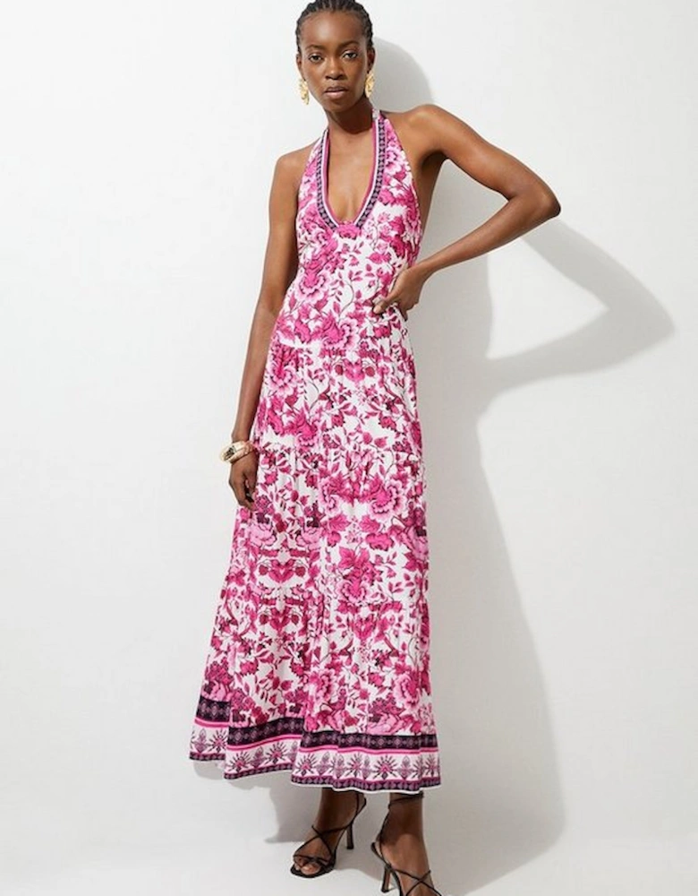 Floral Printed Viscose Woven Halter Maxi Dress