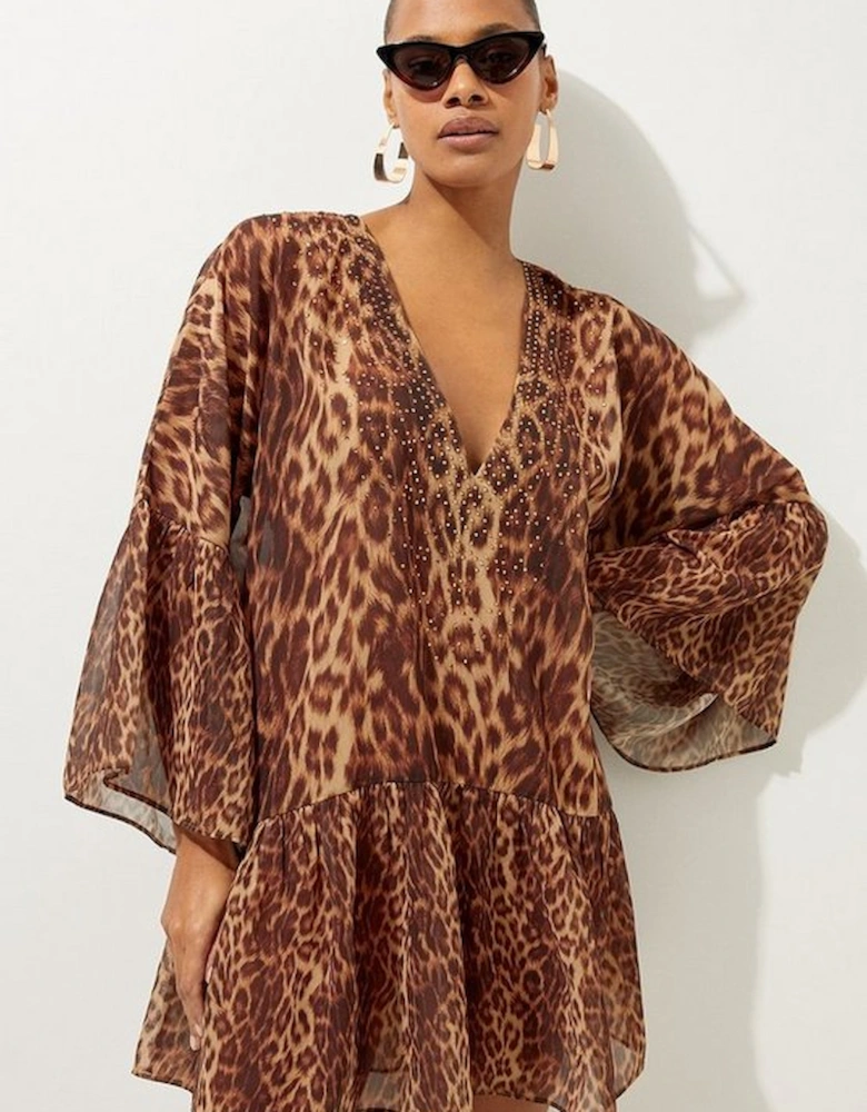 Cheetah Print Embellished Georgette Woven Beach Mini Dress