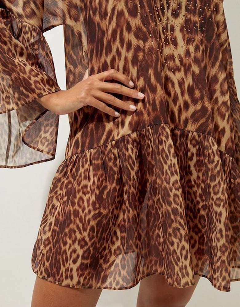 Cheetah Print Embellished Georgette Woven Beach Mini Dress