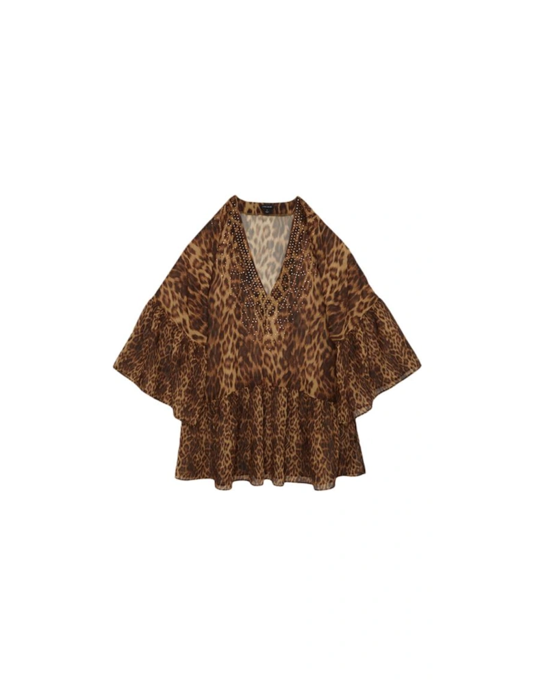 Cheetah Print Embellished Georgette Woven Beach Mini Dress