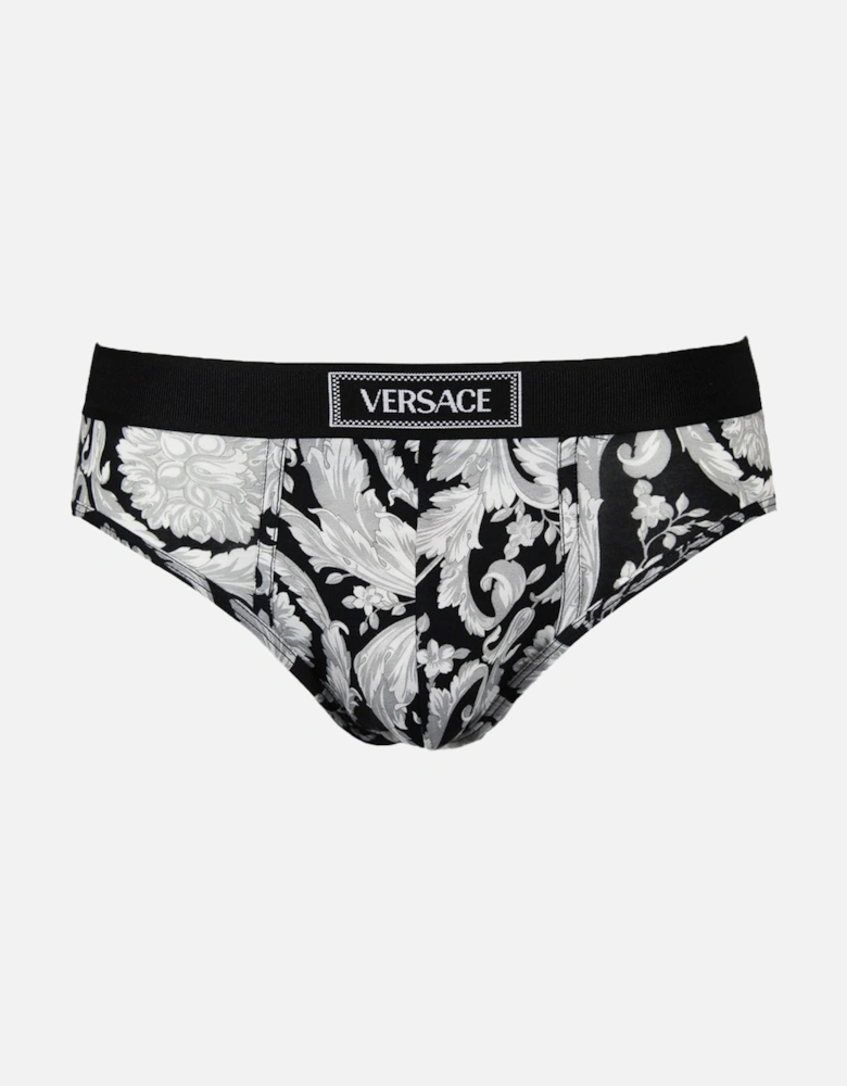 90s Vintage Logo Barocco Print Briefs, Black/Grey