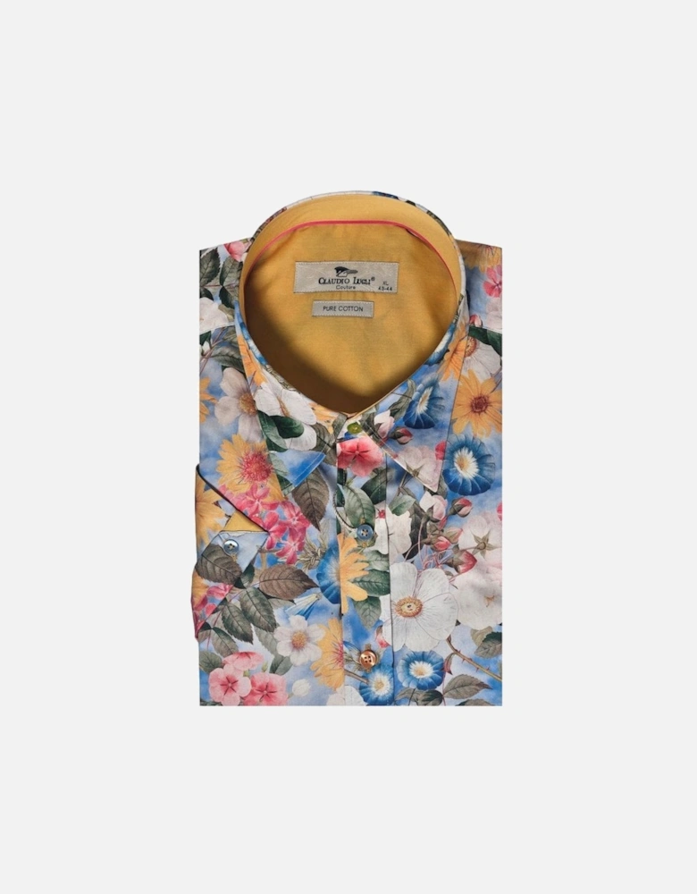 Flower Print Short Sleeve Shirt Mustard