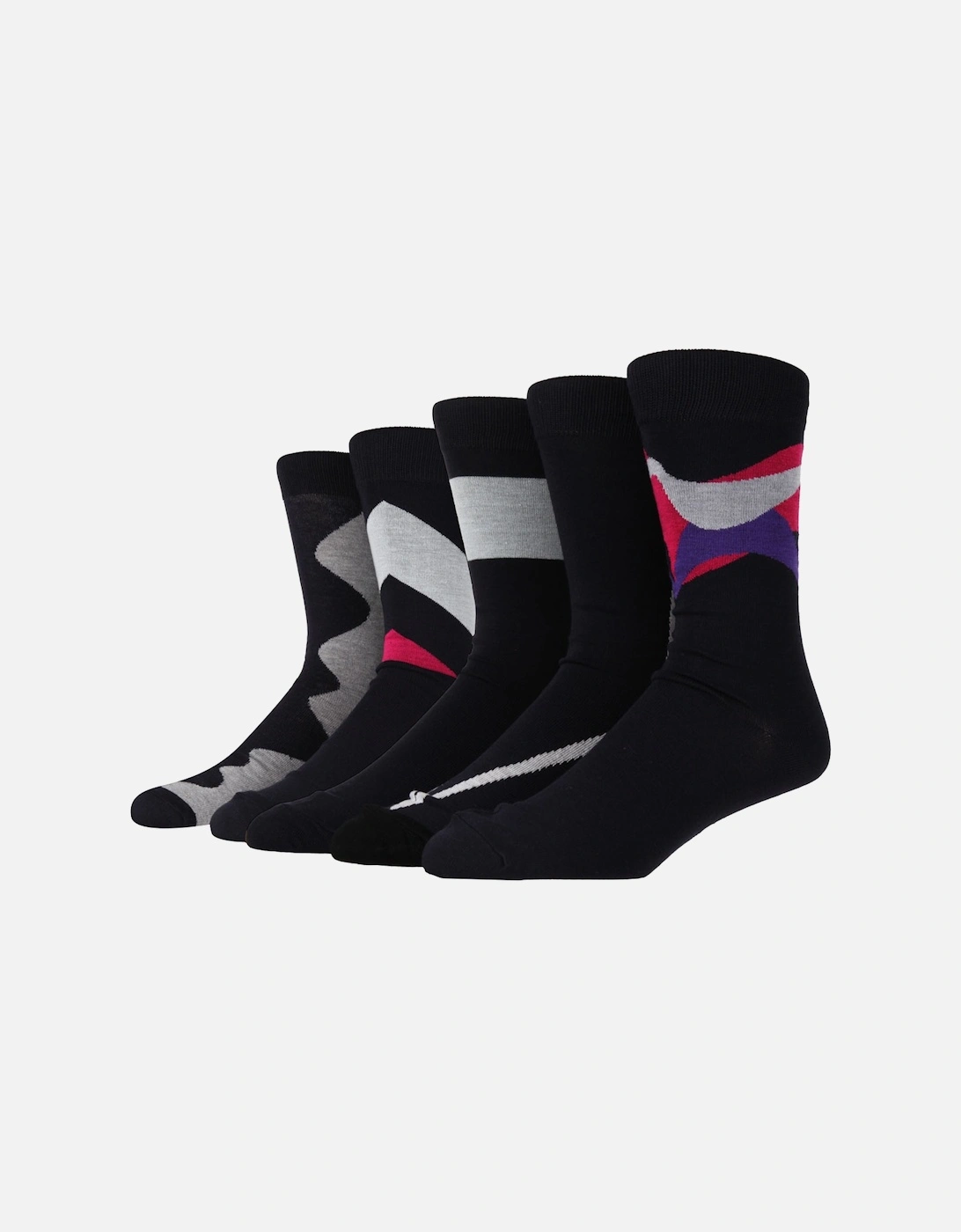 5PK 7-11 MENS SOCKS 5PK JACQUARDSBLACK WITH RED/GREY SHAPES, 2 of 1