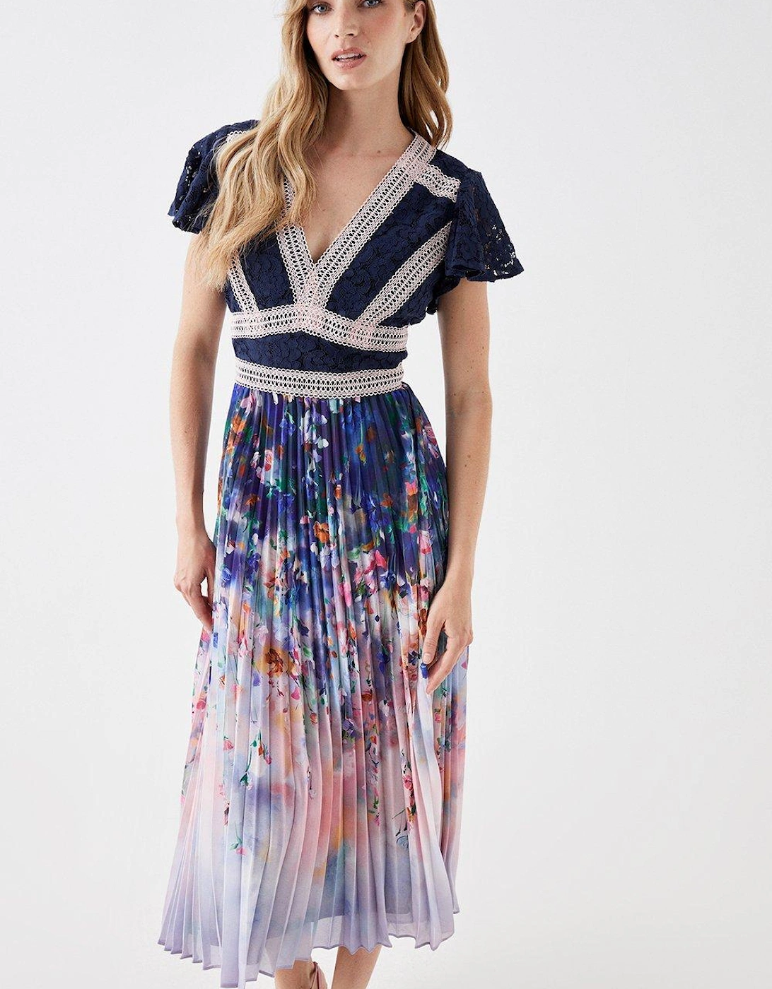Lace Top Pleated Skirt Midi Dress
