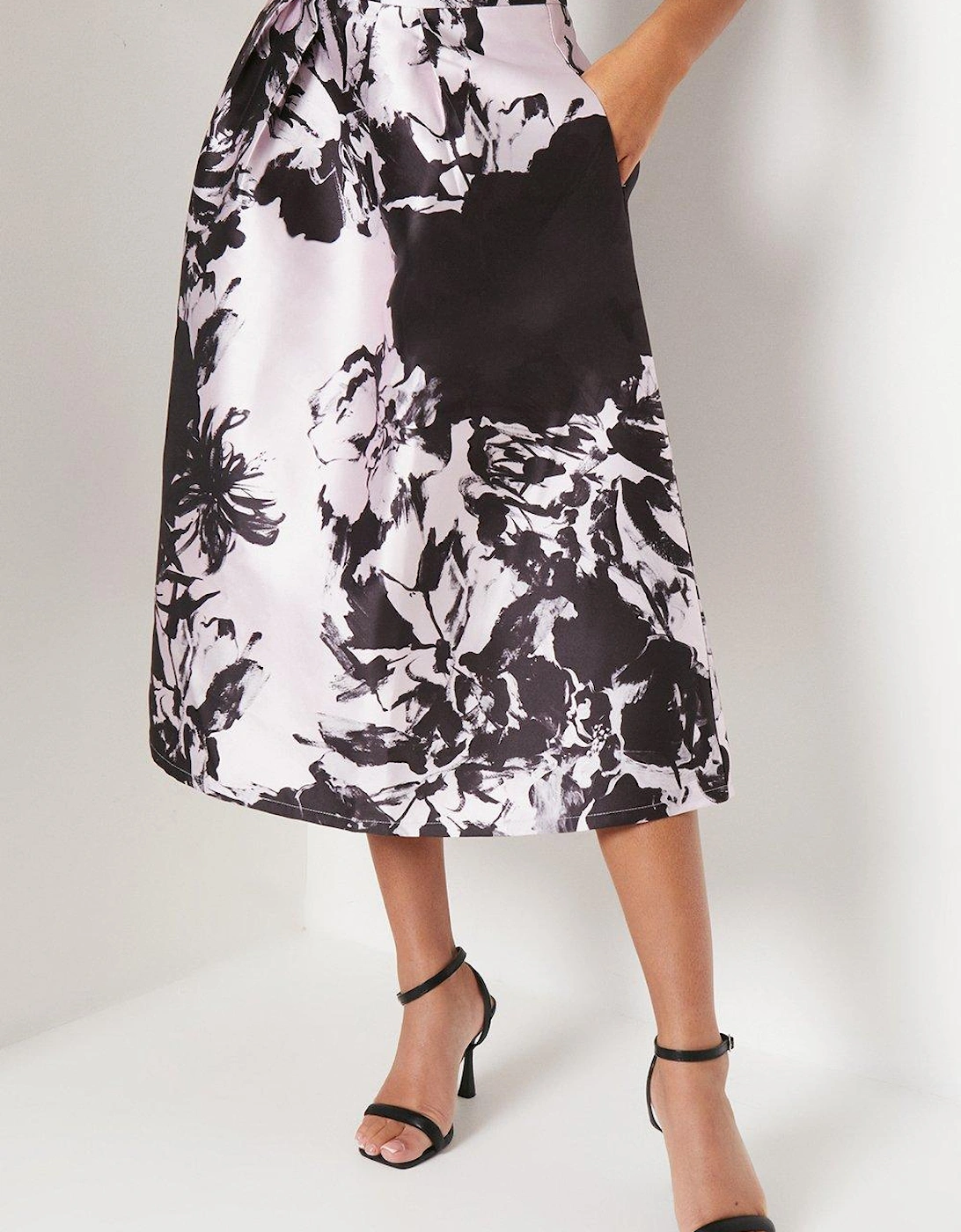 Floral Print Satin Twill Midi Skirt