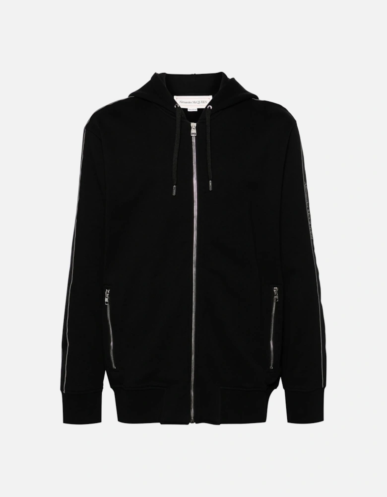 Tape Detail Zip Hooded Top Black