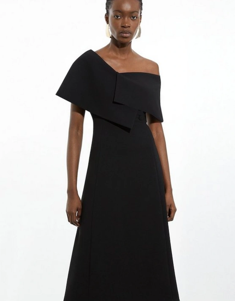 Compact Stretch Asymmetric Collar Tailored Full Skirt Maxi Dress