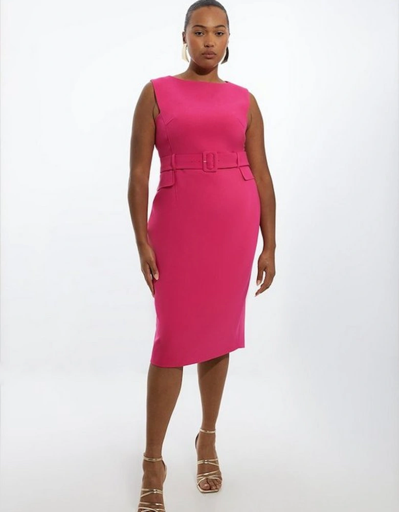 Plus Size Compact Stretch Belted Tailored Midi Pencil Dress