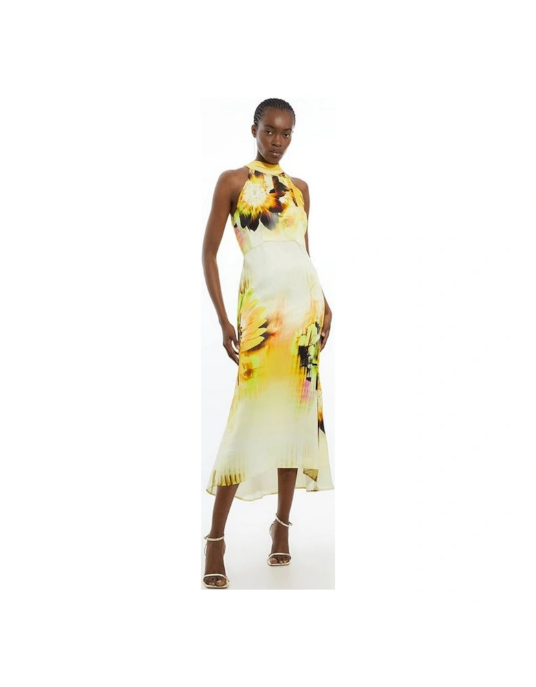 Viscose Satin Tie Dye Floral Halter Midi Dress