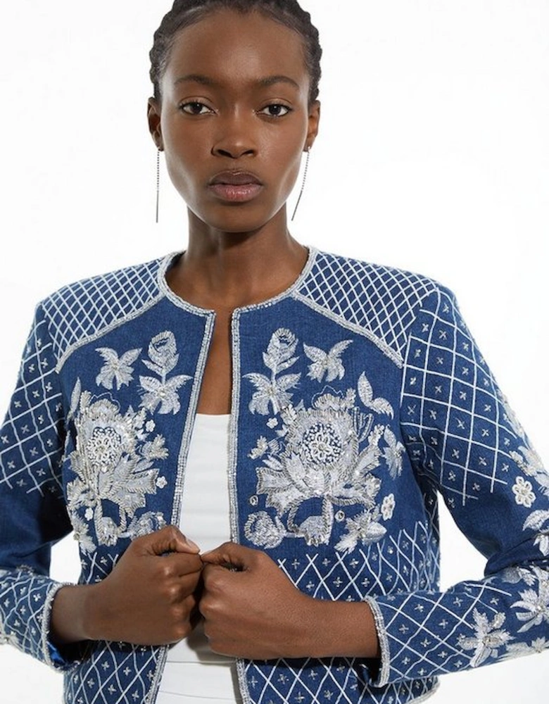 Beaded Embellished Denim Woven Trophy Jacket