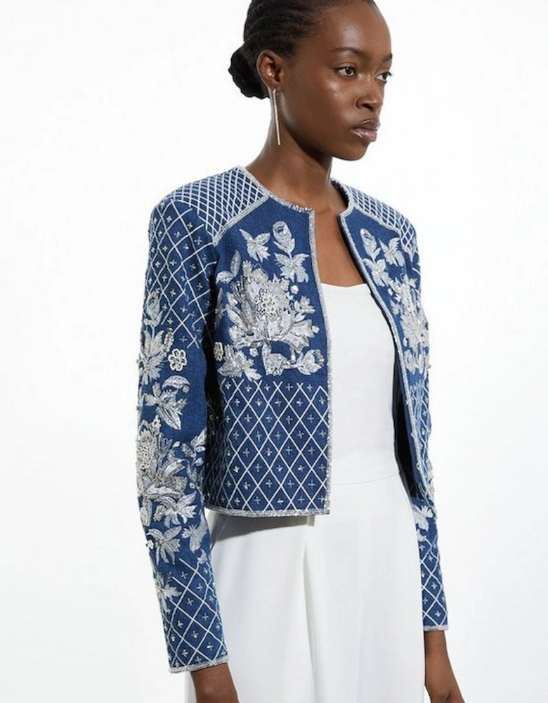 Beaded Embellished Denim Woven Trophy Jacket