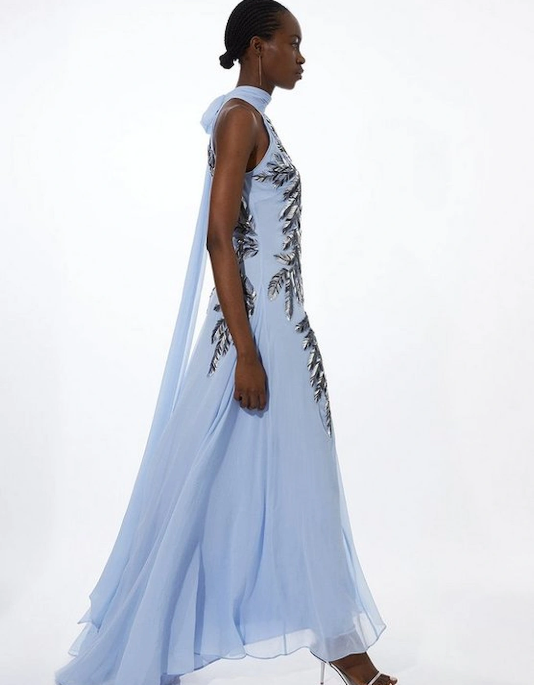 Halter Neck Feather Sequin Detail Woven Maxi Dress, 5 of 4