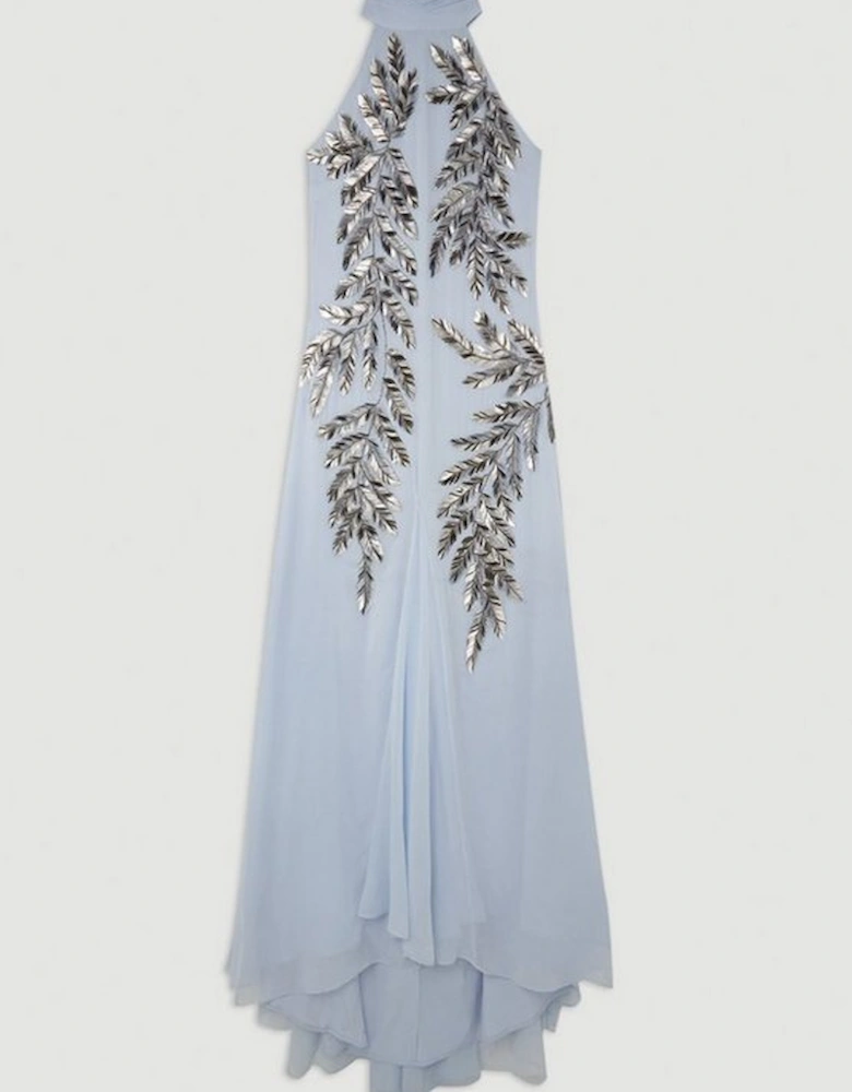 Halter Neck Feather Sequin Detail Woven Maxi Dress