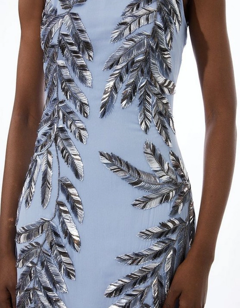 Halter Neck Feather Sequin Detail Woven Maxi Dress