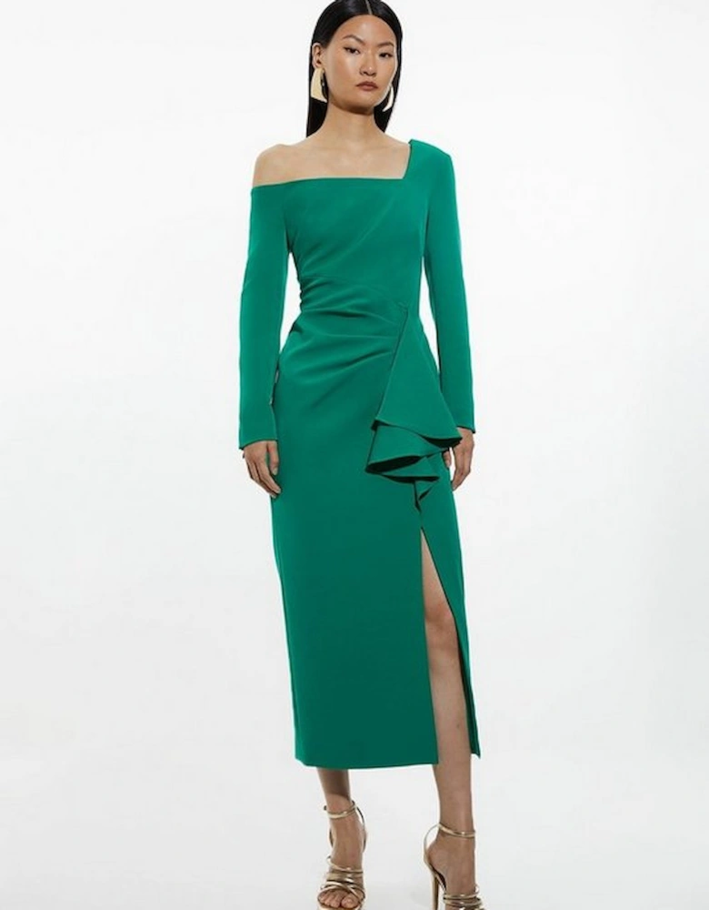 Stretch Crepe Asymmetric Neckline Draped Midi Dress