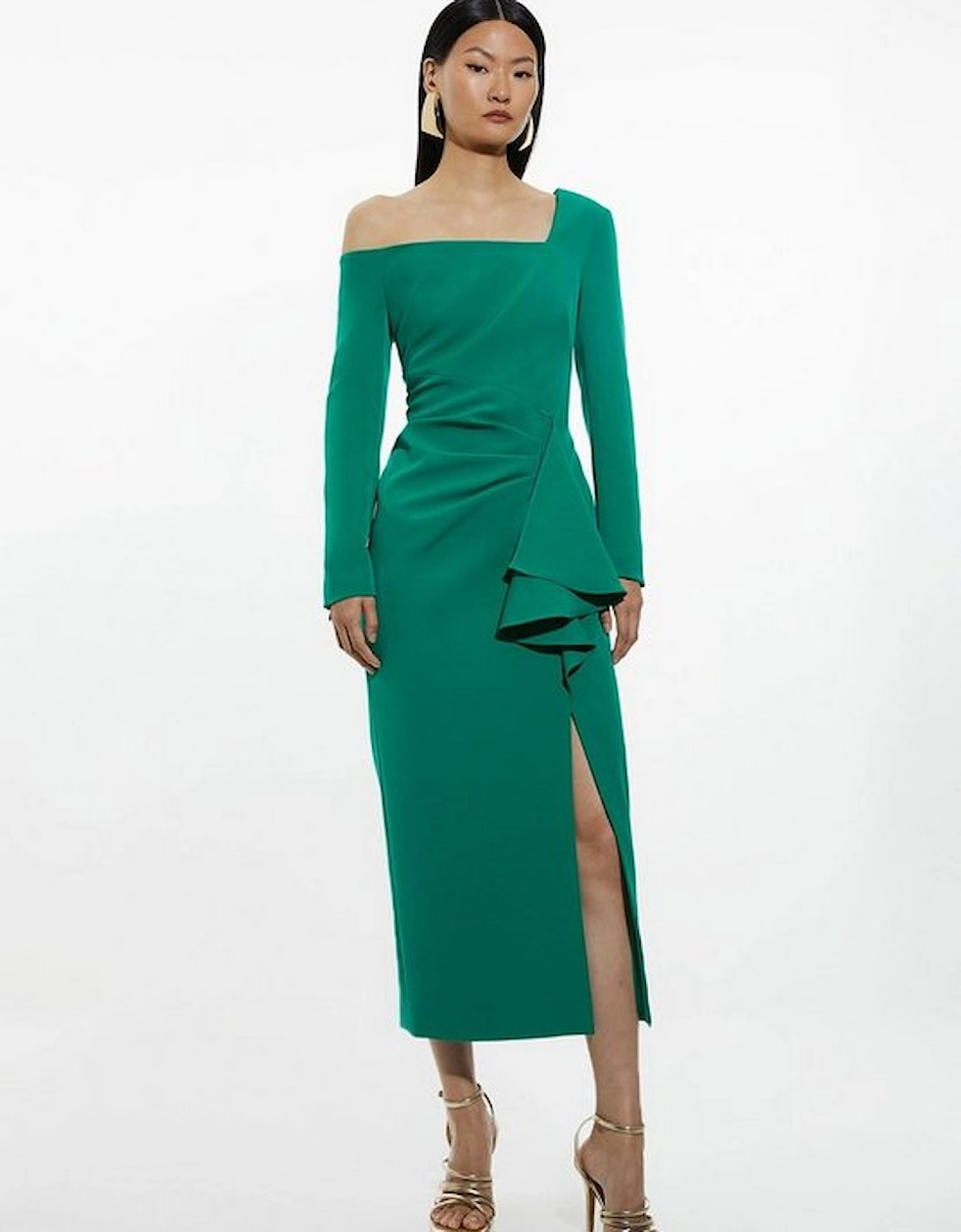 Stretch Crepe Asymmetric Neckline Draped Midi Dress, 5 of 4