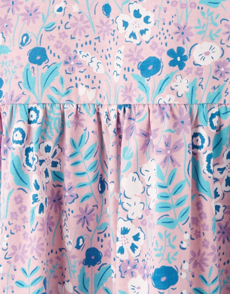 Girls Short Sleeve Floral Print Jersey Dress - Purple