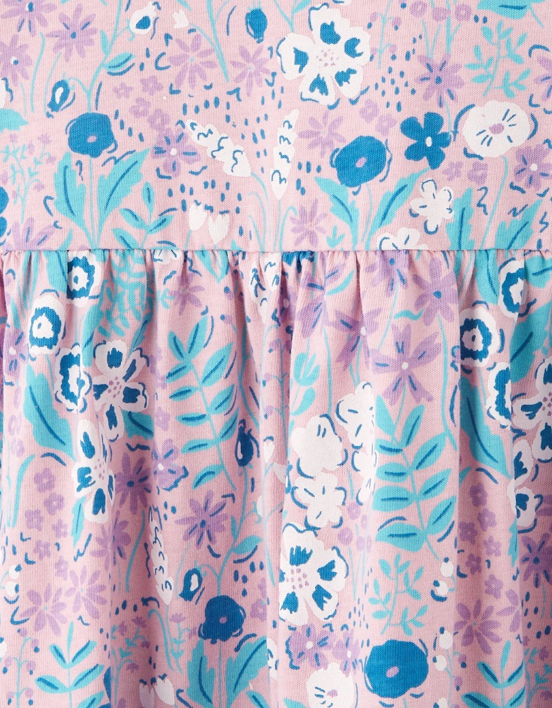 Girls Short Sleeve Floral Print Jersey Dress - Purple