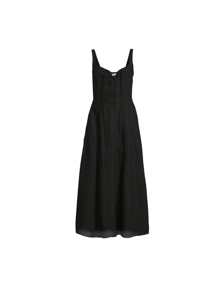 Linen Lace up Corset Midi Dress - Black