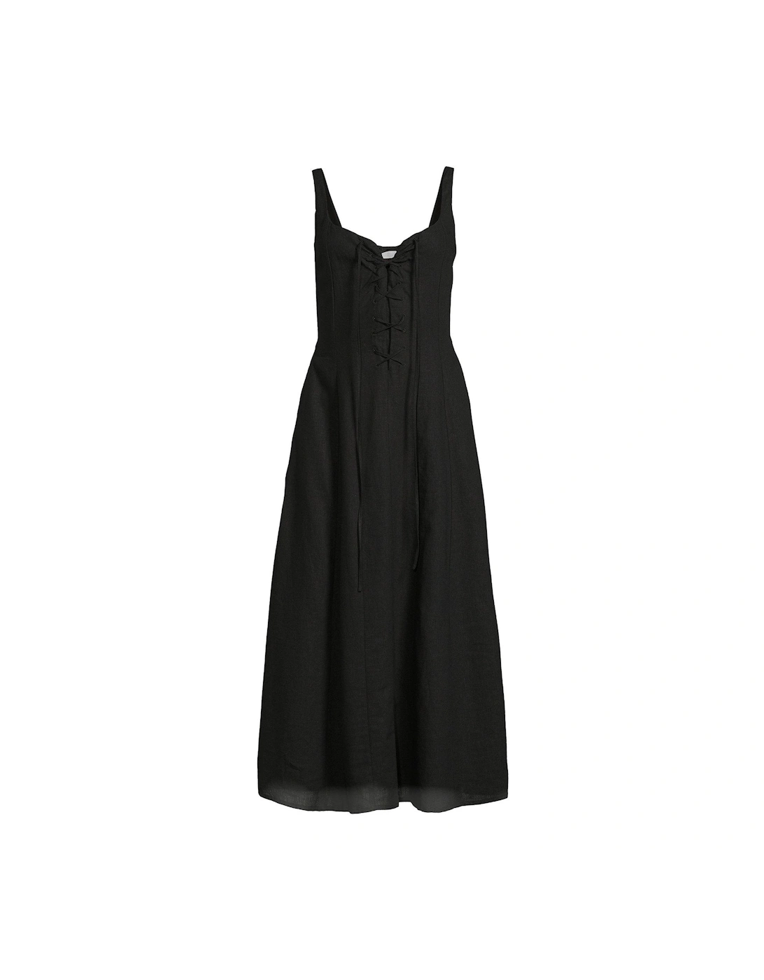 Linen Lace up Corset Midi Dress - Black