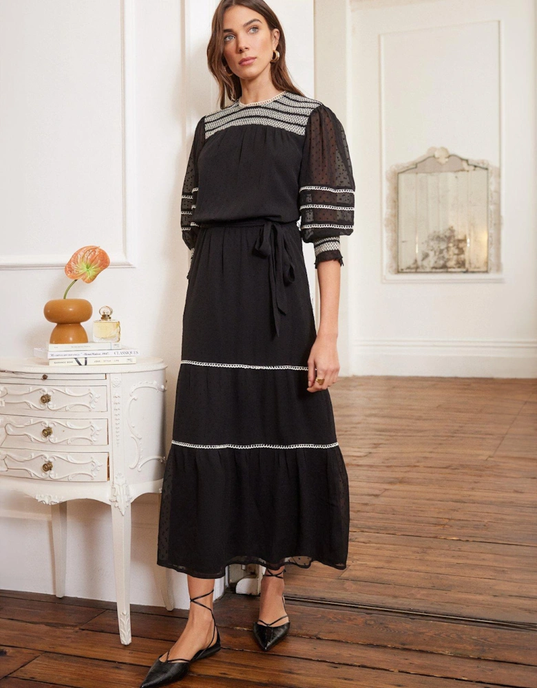 Contrast Stitch Tiered Midi Dress - Black
