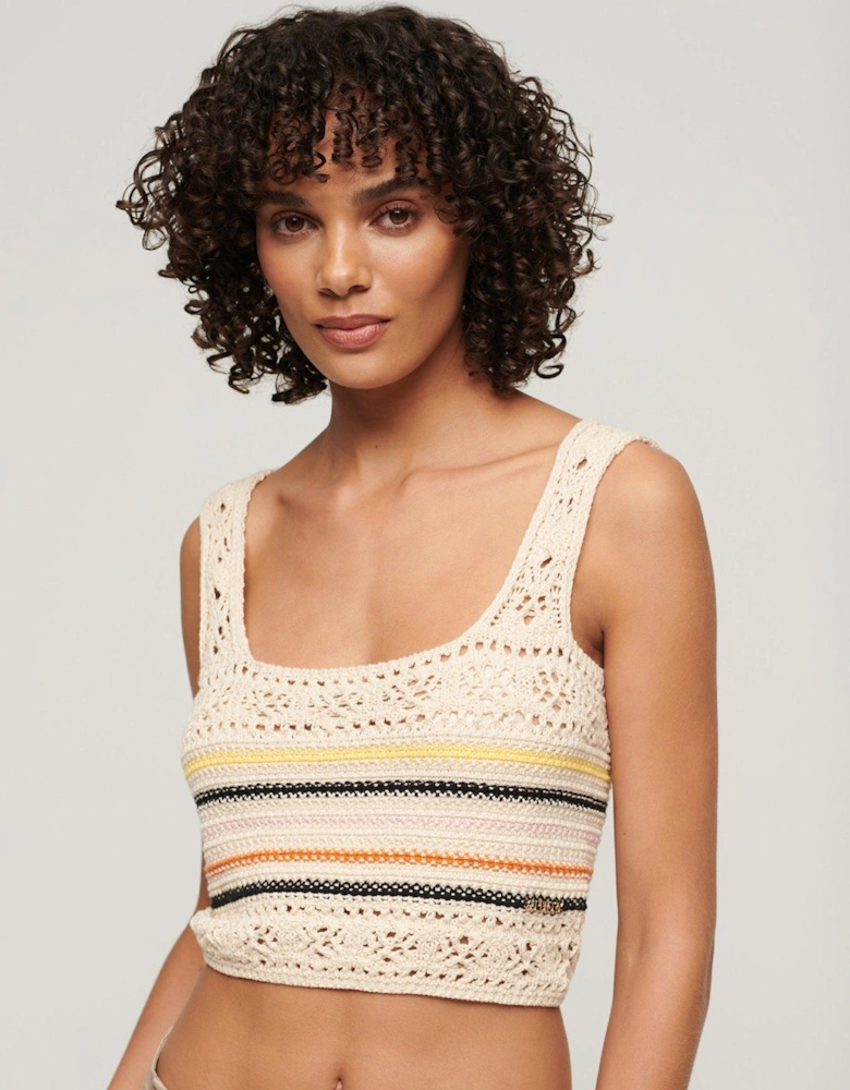 Lace-up Crochet Cropped Vest Top - Beige
