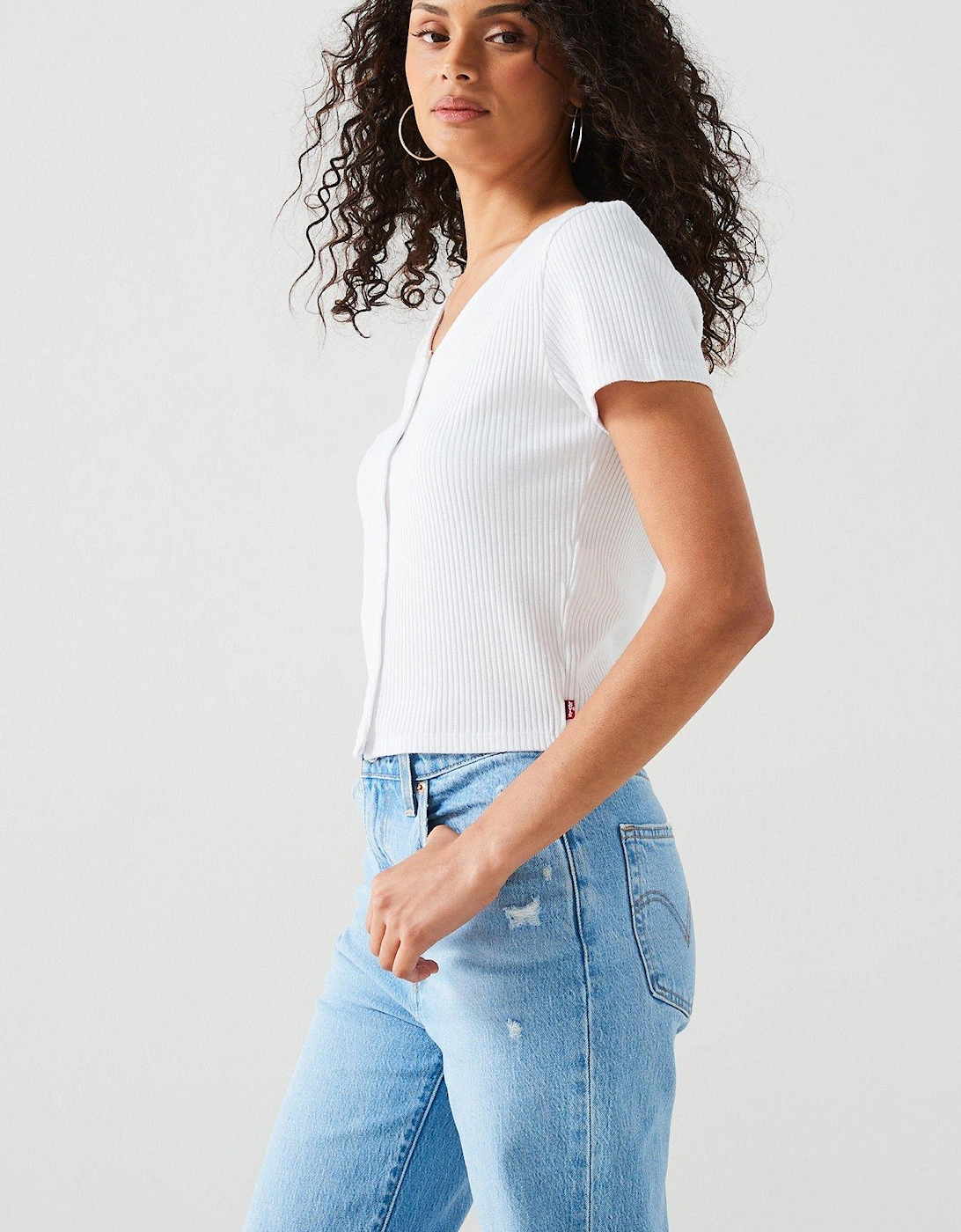 Monica Short Sleeve Ribbed Button Down T-shirt - White