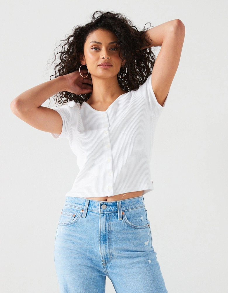 Monica Short Sleeve Ribbed Button Down T-shirt - White