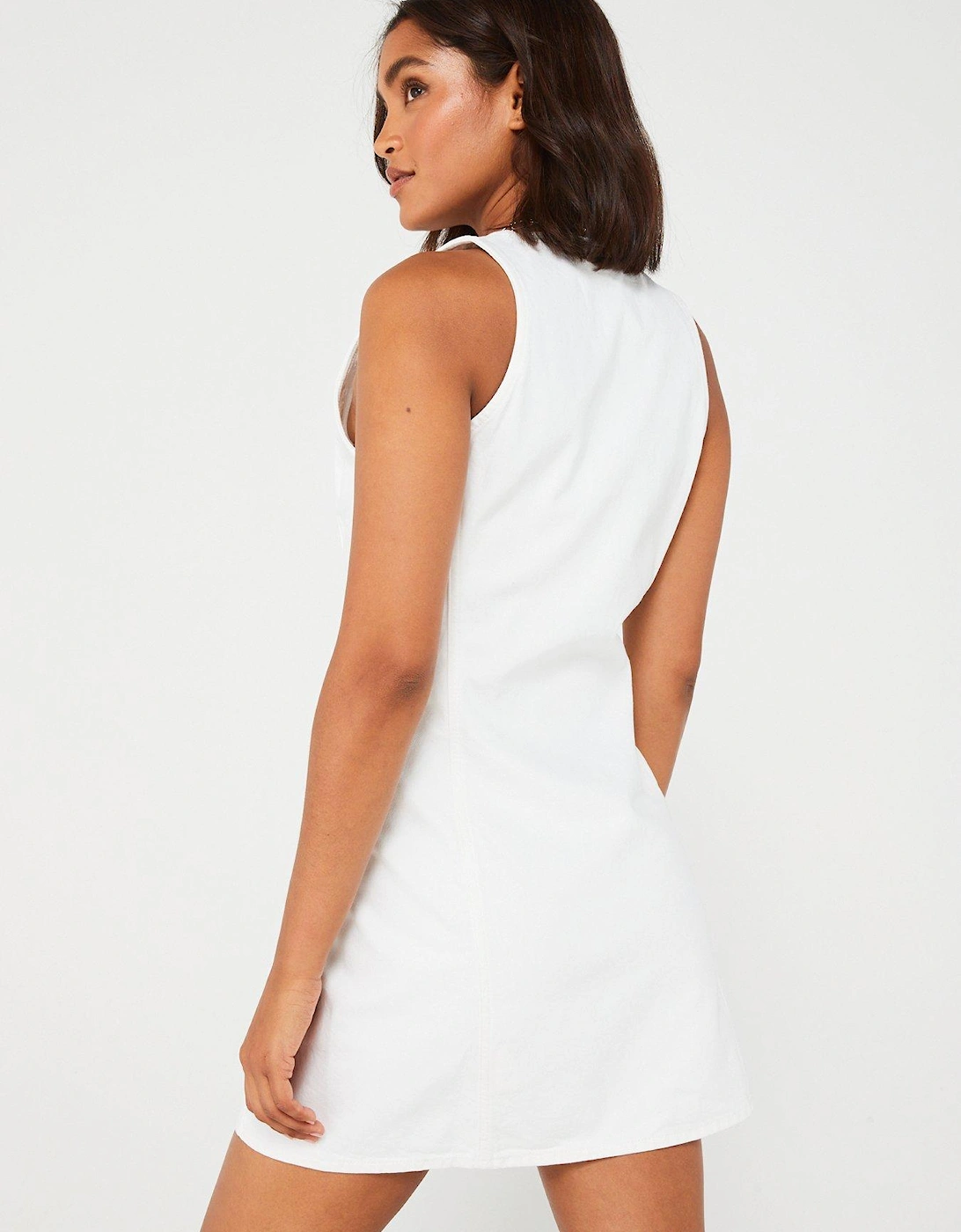 Denim Zip Through Sleeveless Dress - White