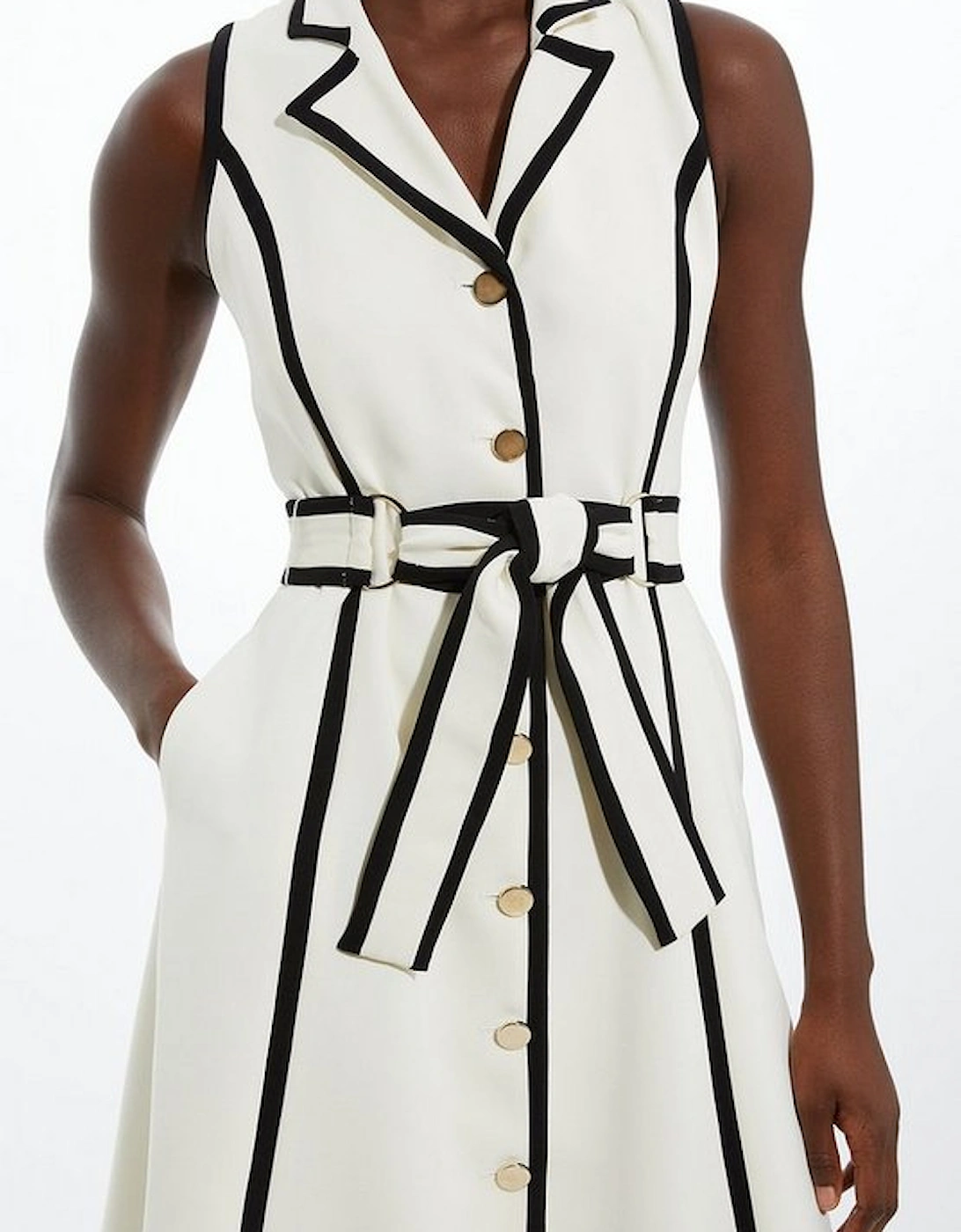 Fluid Tailored Sleeveless Belted Contrast Tipped Midaxi Shirt Dress