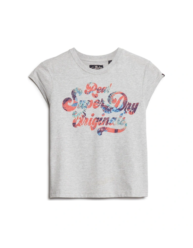 Floral Scripted Cap Sleeve T-Shirt - Grey