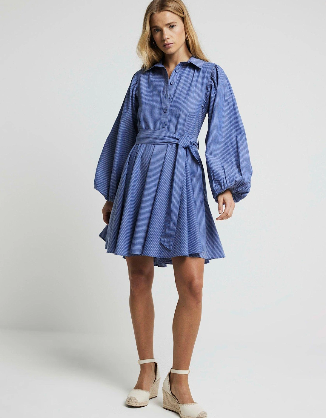 Batwing Belted Shirt Dress - Dark Blue