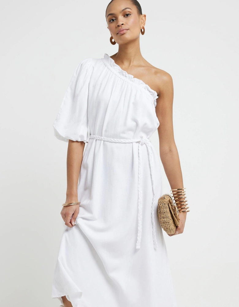 Linen One Shoulder Maxi Dress - White